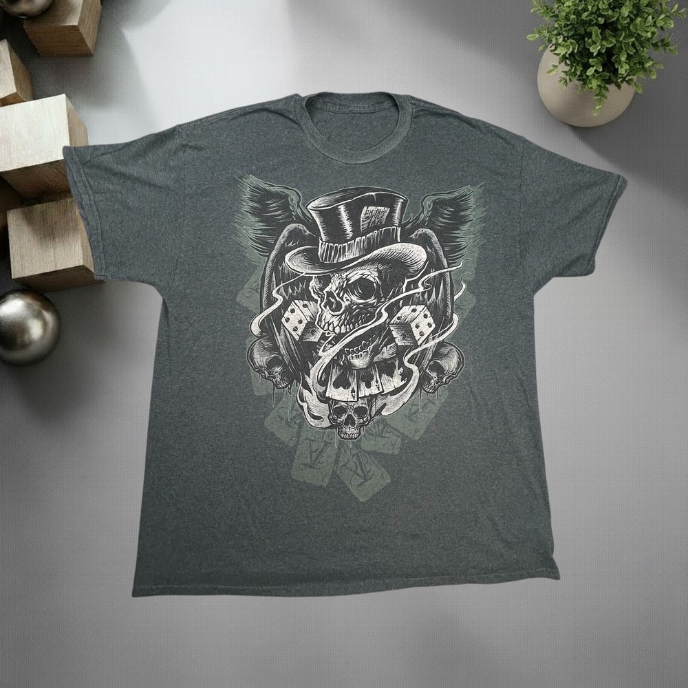Vintage Y2K Skull Top Hat Dice Graphic T-Shirt Charcoal Grey Boxy Fit